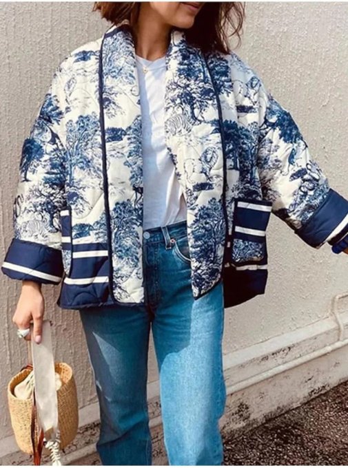 Veste " Christian " imprimé toile de Jouy jungle taille unique 36 au 44 - Bleue 