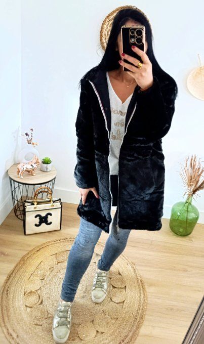 Escandelle - Parka noire réversible en fausse fourrure, avec fermetures tricolores et capuche 