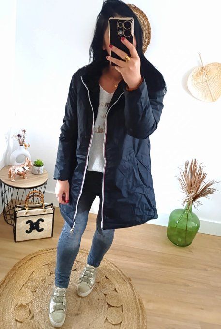 Escandelle - Parka noire réversible en fausse fourrure, avec fermetures tricolores et capuche 