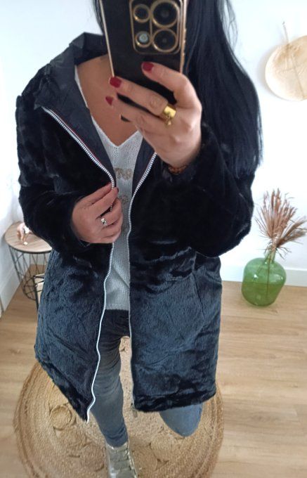 Escandelle - Parka noire réversible en fausse fourrure, avec fermetures tricolores et capuche 