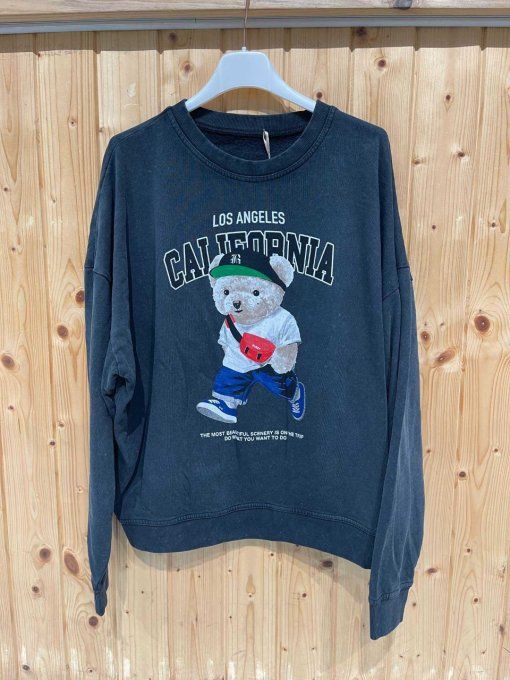 Sweat gris ourson tendance inscription Los Angeles California 