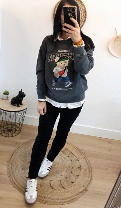 Sweat gris ourson tendance inscription Los Angeles California 