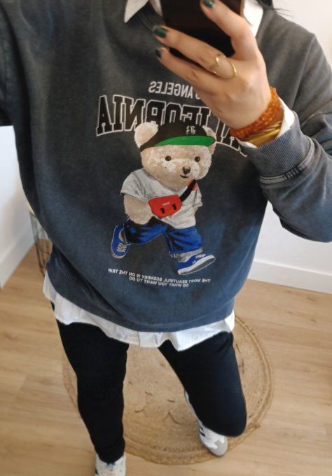 Sweat gris ourson tendance inscription Los Angeles California 