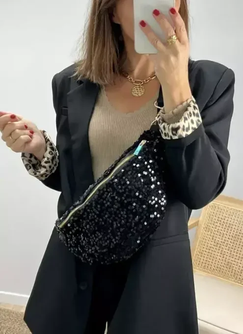 Grand sac banane en sequins noir 