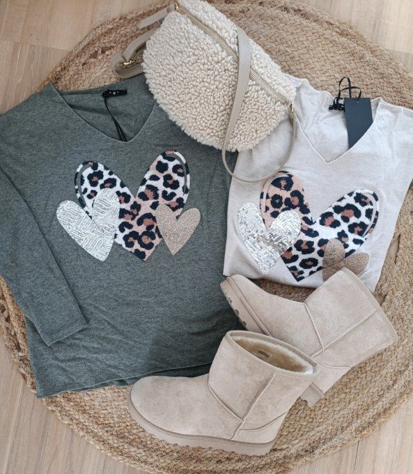 Pull coeurs petite taille 34 36 beige ou kaki