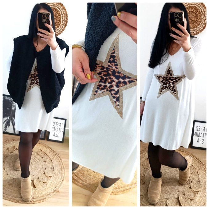 Robe pull blanche avec grande étoile 