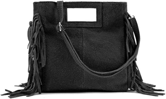 Sac à franges noir en daim véritable made in Italy
