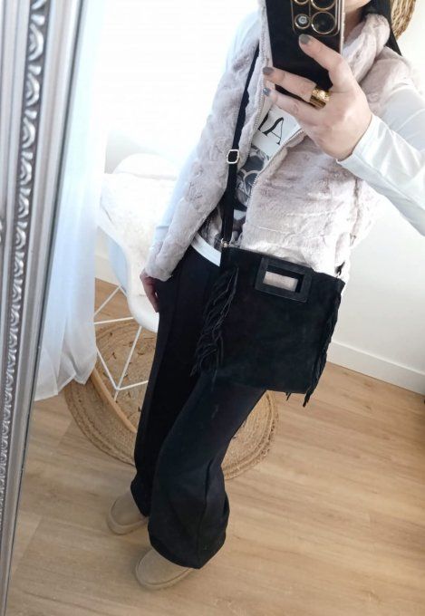 Sac à franges noir en daim véritable made in Italy