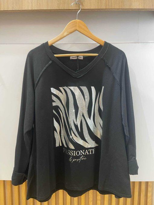 Top manches longues inscription Passionate  kaki ou noir
