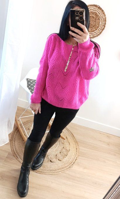 Pull ajouré 30% mohair 3 coloris, taille unique jusqu'au 42 
