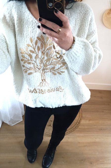Pull blanc pilou-pilou avec arbre de vie doré, taille unique jusqu'au bon 44
