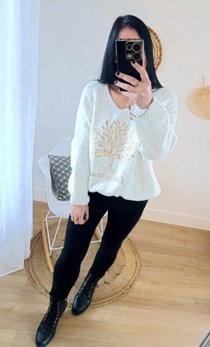 Pull blanc pilou-pilou avec arbre de vie doré, taille unique jusqu'au bon 44