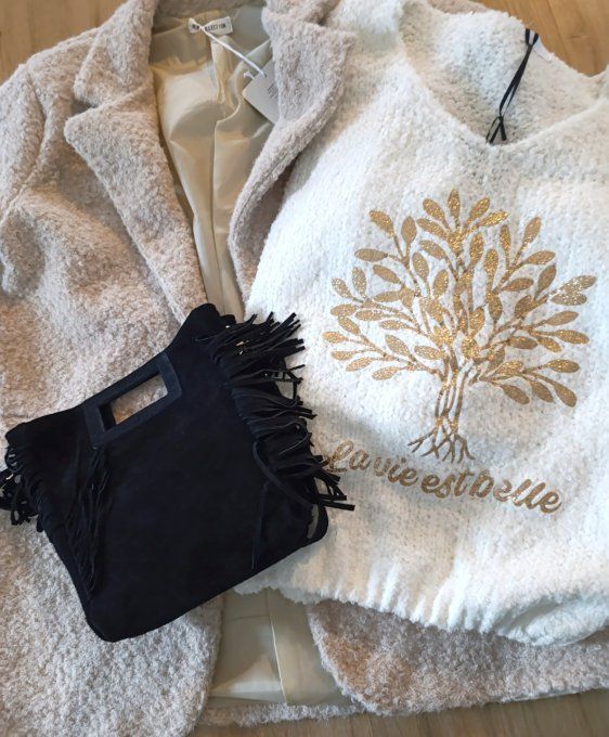 Pull blanc pilou-pilou avec arbre de vie doré, taille unique jusqu'au bon 44