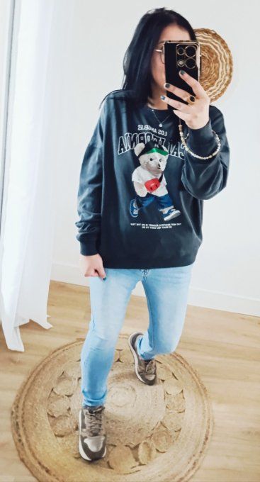 Sweat gris ourson tendance inscription Los Angeles California 