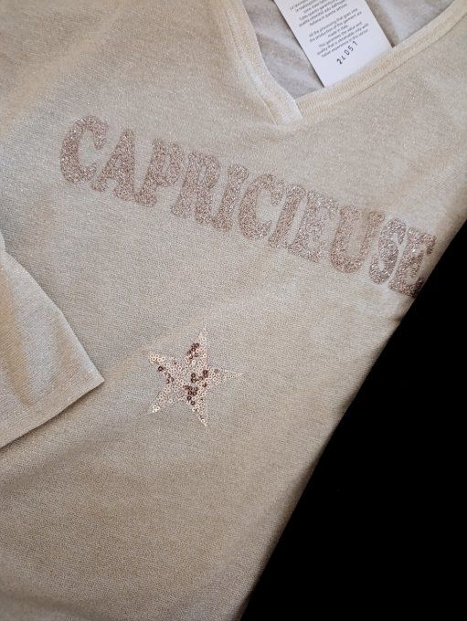 Top manches longues beige avec lurex et inscription BOHEME ou CAPRICIEUSE 