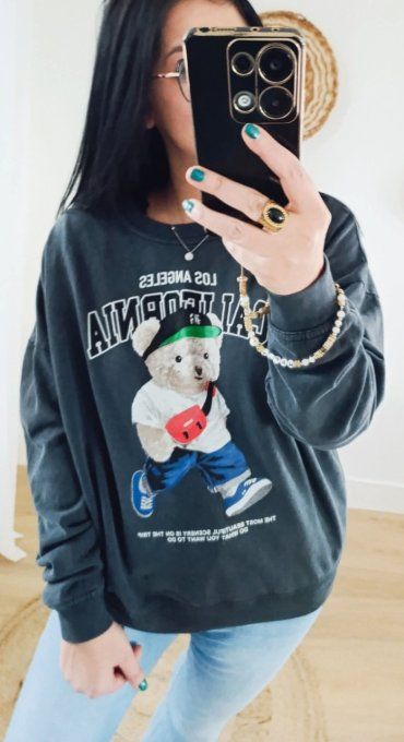 Sweat gris ourson tendance inscription Los Angeles California 