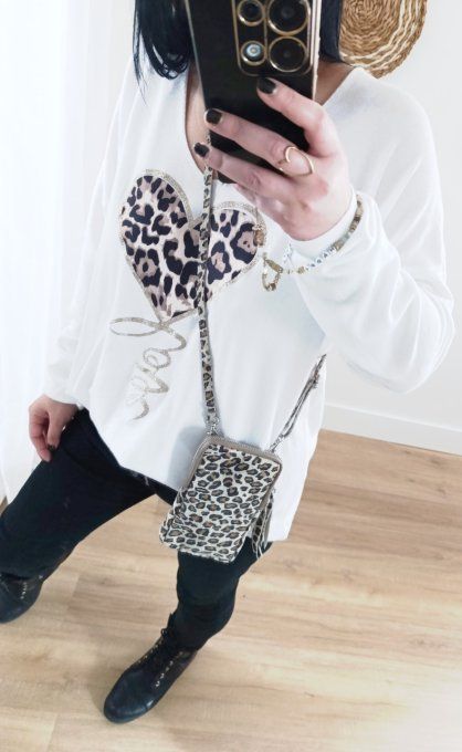 Pochette téléphone daim véritable imprimé léopard 