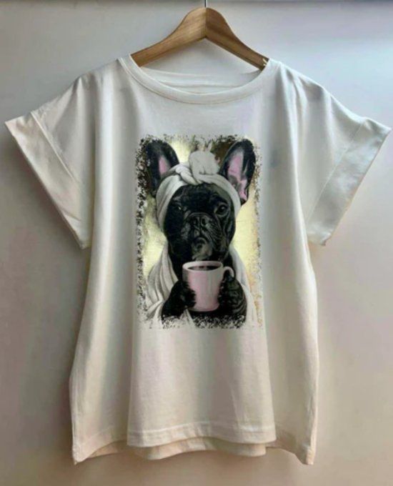 Tee shirt Bouledogue et son mug  , gris ou blanc
