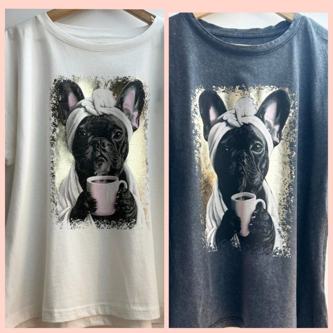 Tee shirt Bouledogue et son mug  , gris ou blanc