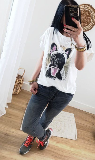 Tee shirt Bouledogue et son mug  , gris ou blanc