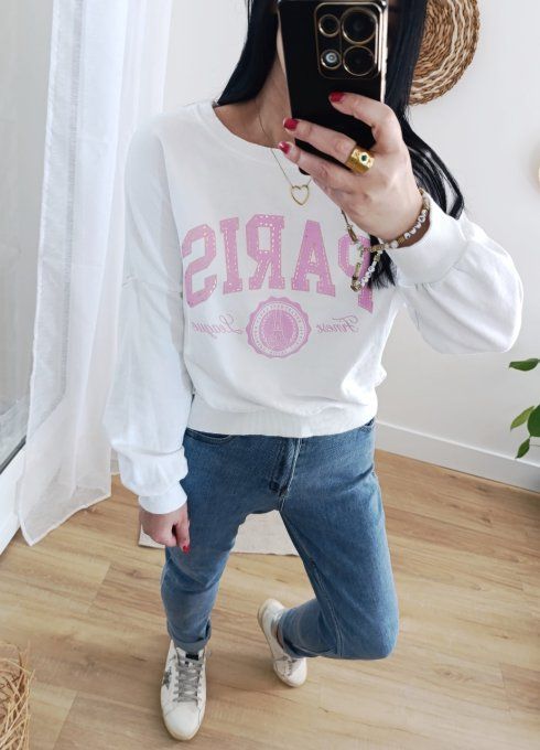 Sweat PARIS blanc ou bleu aqua jusqu'au 40 ( taille unique)