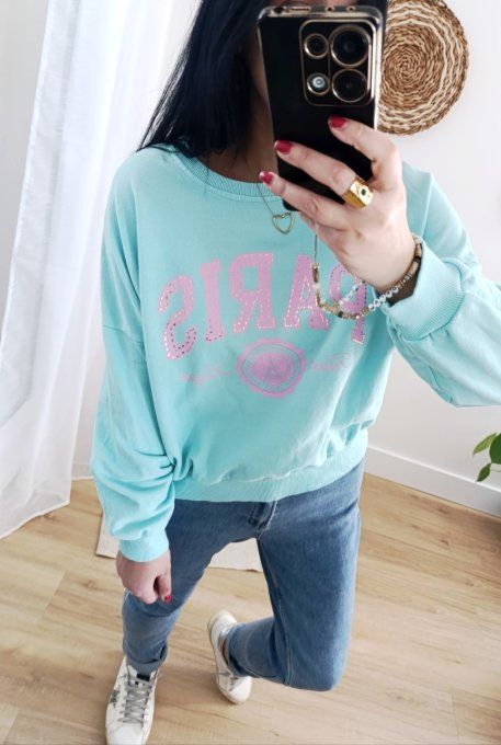 Sweat PARIS blanc ou bleu aqua jusqu'au 40 ( taille unique)