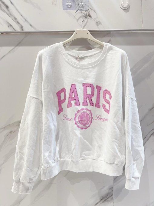 Sweat PARIS blanc ou bleu aqua jusqu'au 40 ( taille unique)