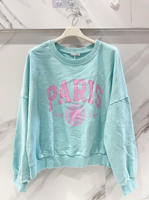 Sweat PARIS blanc ou bleu aqua jusqu'au 40 ( taille unique)