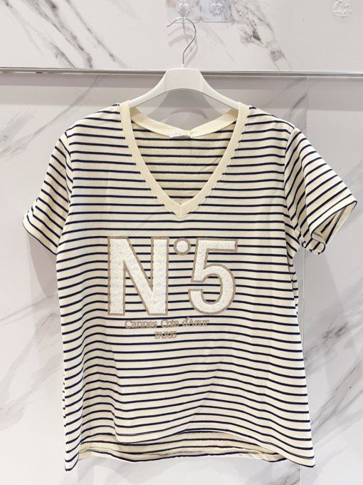 T-shirt rayure bleu marine inscription numéro 5 cannes Côte d'Azur taille unique jusqu'au 40