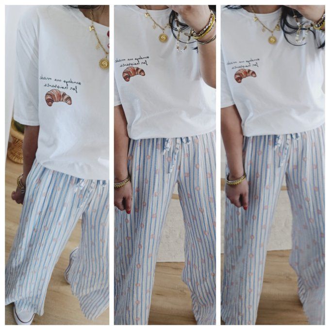 Beau pantalon à rayures horizontales & fleurs en gaz de coton