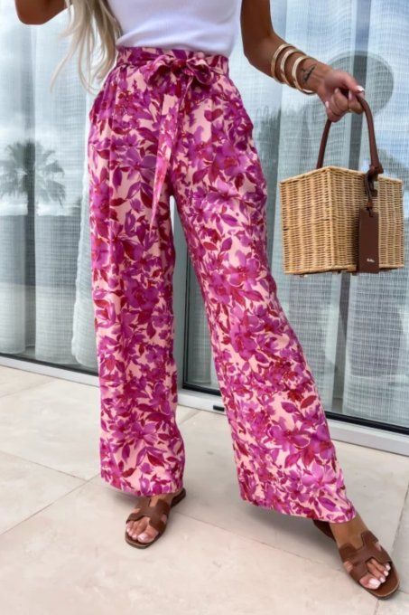 Magnifique pantalon fushia et blanc fleuri