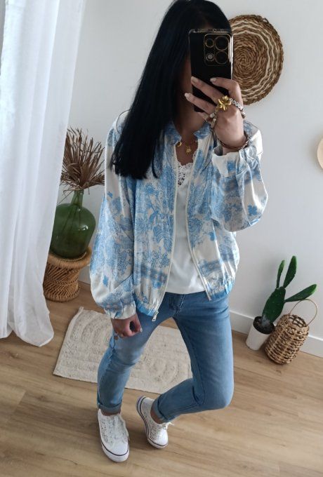 Veste forme bomber imprimé toile de Jouy avec Soie