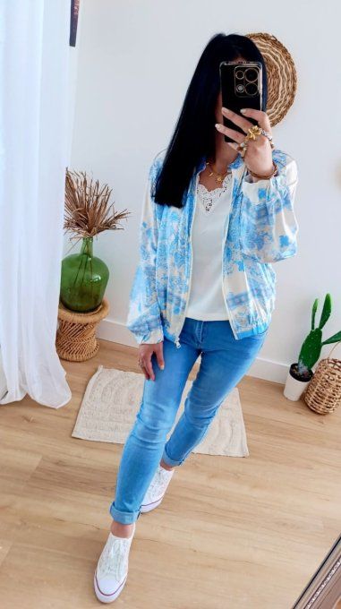 Veste forme bomber imprimé toile de Jouy avec Soie