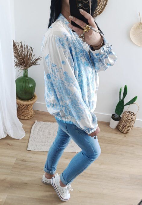 Veste forme bomber imprimé toile de Jouy avec Soie