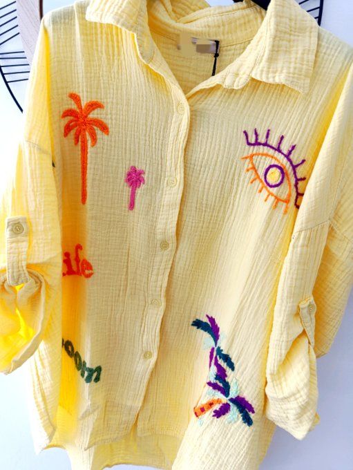 Chemisier gaze de coton jaune avec broderies t.u jusqu'au 46