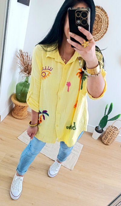 Chemisier gaze de coton jaune avec broderies t.u jusqu'au 46