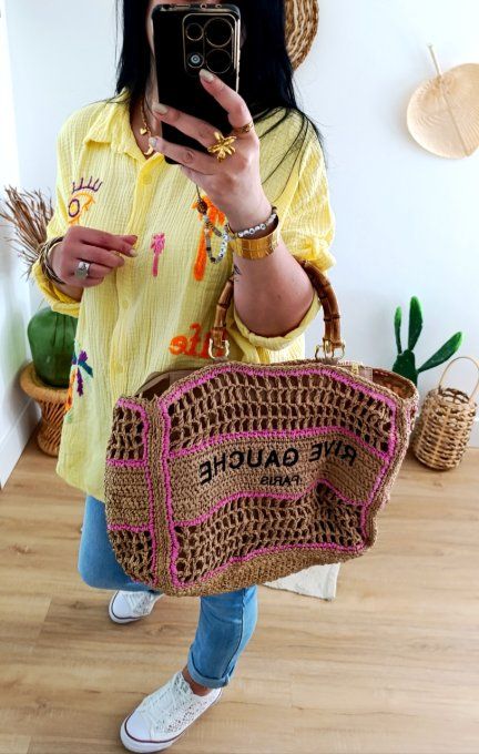 Chemisier gaze de coton jaune avec broderies t.u jusqu'au 46