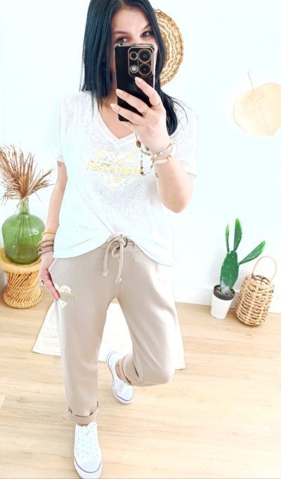 Pantalon jogging beige inscription Min Min beige 