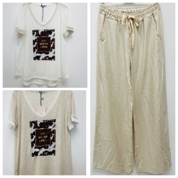 Pantalon lin doré fluide poches sur le côté 