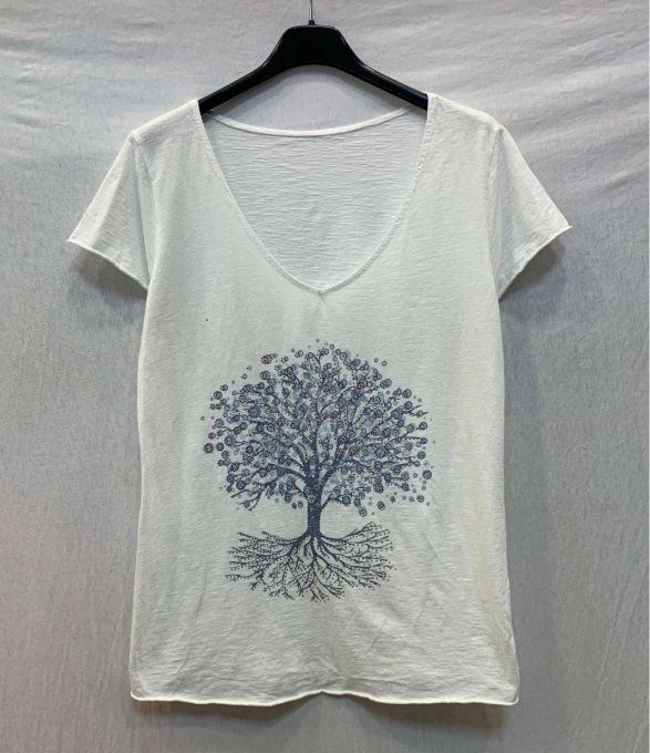 Tee shirt arbre de vie avec petits clous argentés  2 variantes - Taille unique 36 au 42