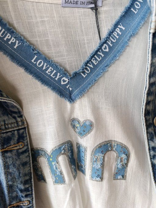 Blouse Min Min 65% lin blanche avec liseré jean 