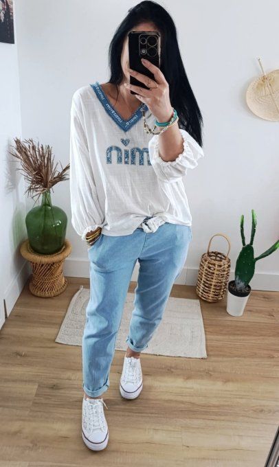 Blouse Min Min 65% lin blanche avec liseré jean 
