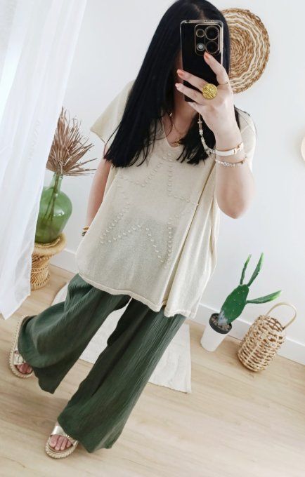Top étoile lurex col V manches courtes oversize jusqu'au 48