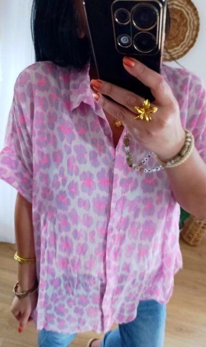 Chemise manches courtes voile de coton imprimé fluo