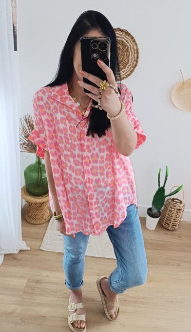 Chemise manches courtes voile de coton imprimé fluo