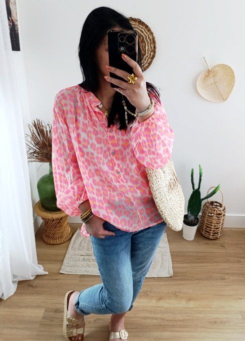 Chemise imprimé léopard fluo voile de coton