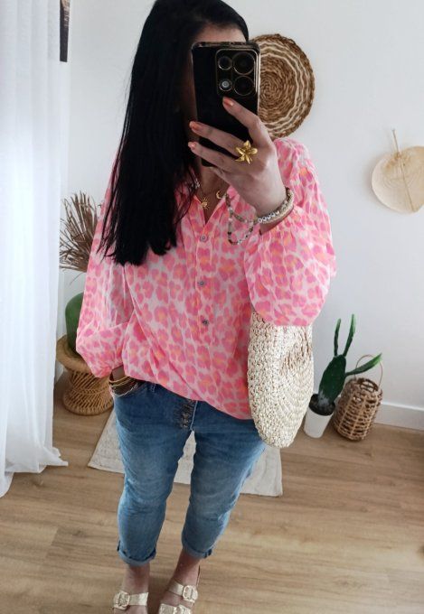 Chemise imprimé léopard fluo voile de coton