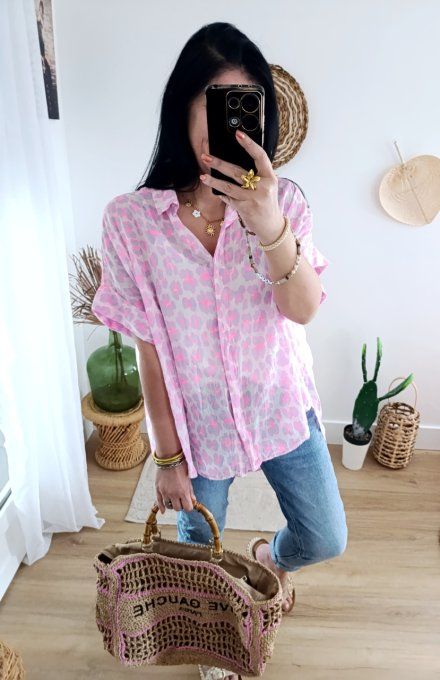 Chemise manches courtes voile de coton imprimé fluo