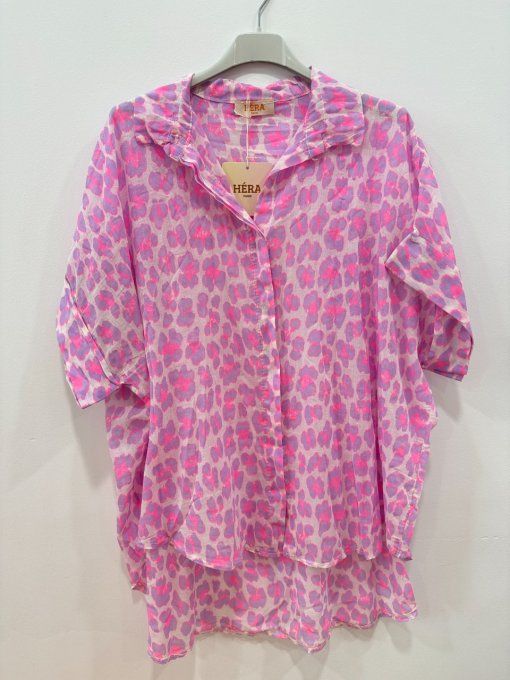 Chemise manches courtes voile de coton imprimé fluo