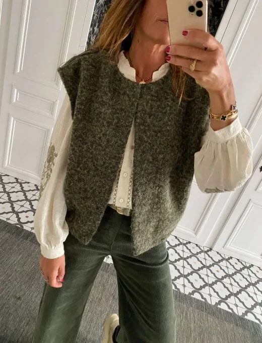 Gilet sans manches effet laine bouillie kaki 